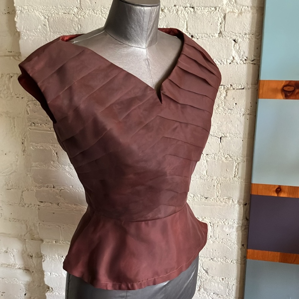 Vintage 50s diagonally tiered brown organza top size XS - Picture 4 of 16